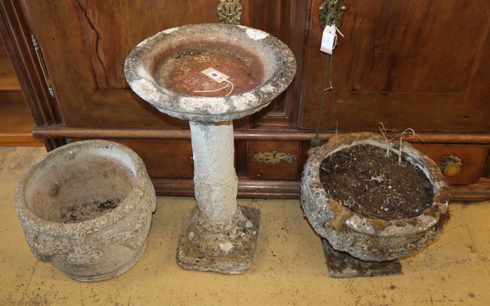 Two reconstituted stone garden urns and a bird bath (3)